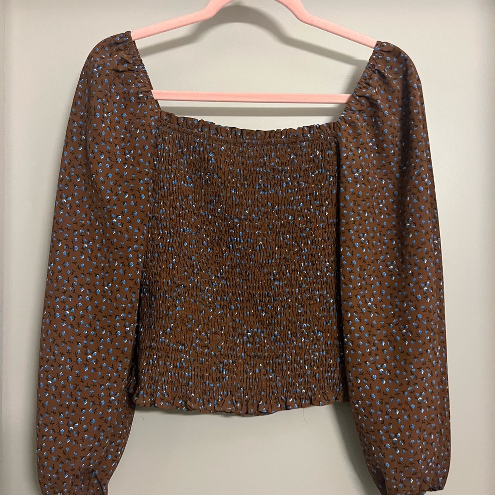Brown Smocked Long-Sleeve Floral Top